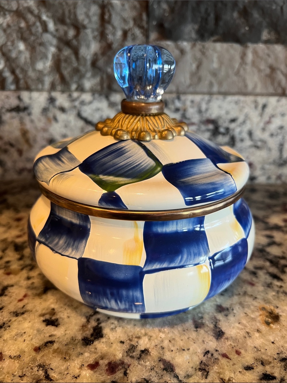 Mackenzie-Childs Royal Check Squashed Pot. EUC. 💙🤍 - Picture 2 of 11